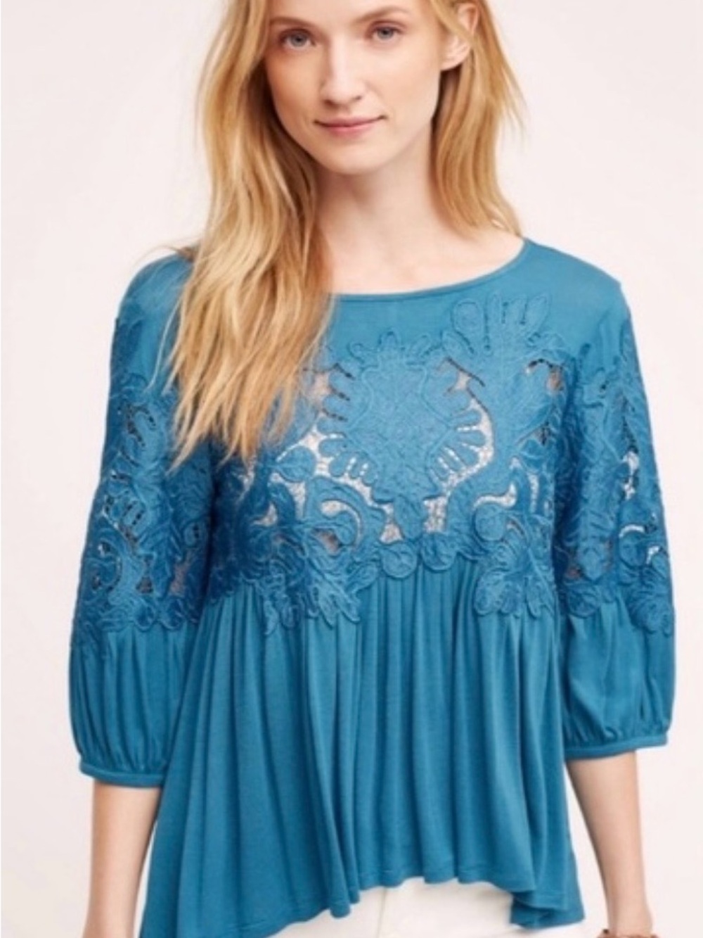 Anthropologie Deletta Teal Lace Yoke Peasant Tunic